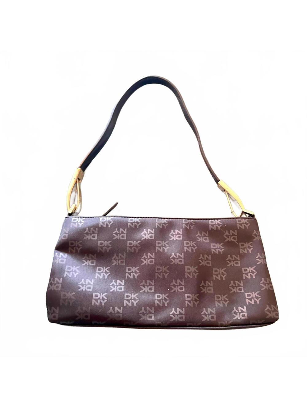 DKNY Logo Patterned Shoulder Bag – Brown & Gold Monogram Purse